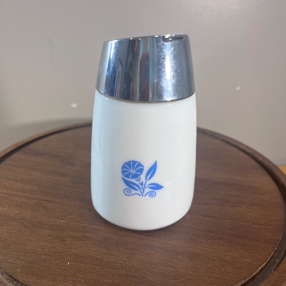 Dripcut Starline Sugar Dispenser Vtg White Blue Cornflower Milk Glass Chrome Lid